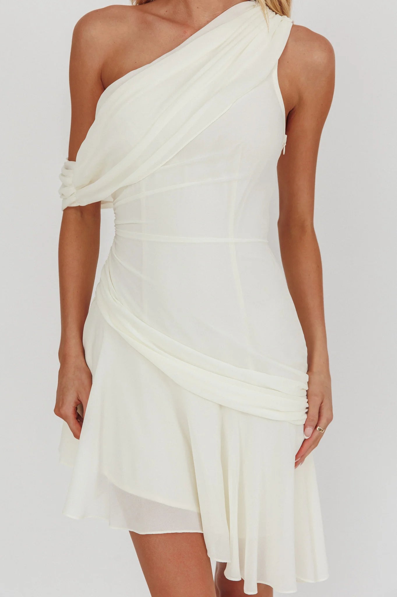 Anaisa One-Shoulder Draped Mini Dress Cream