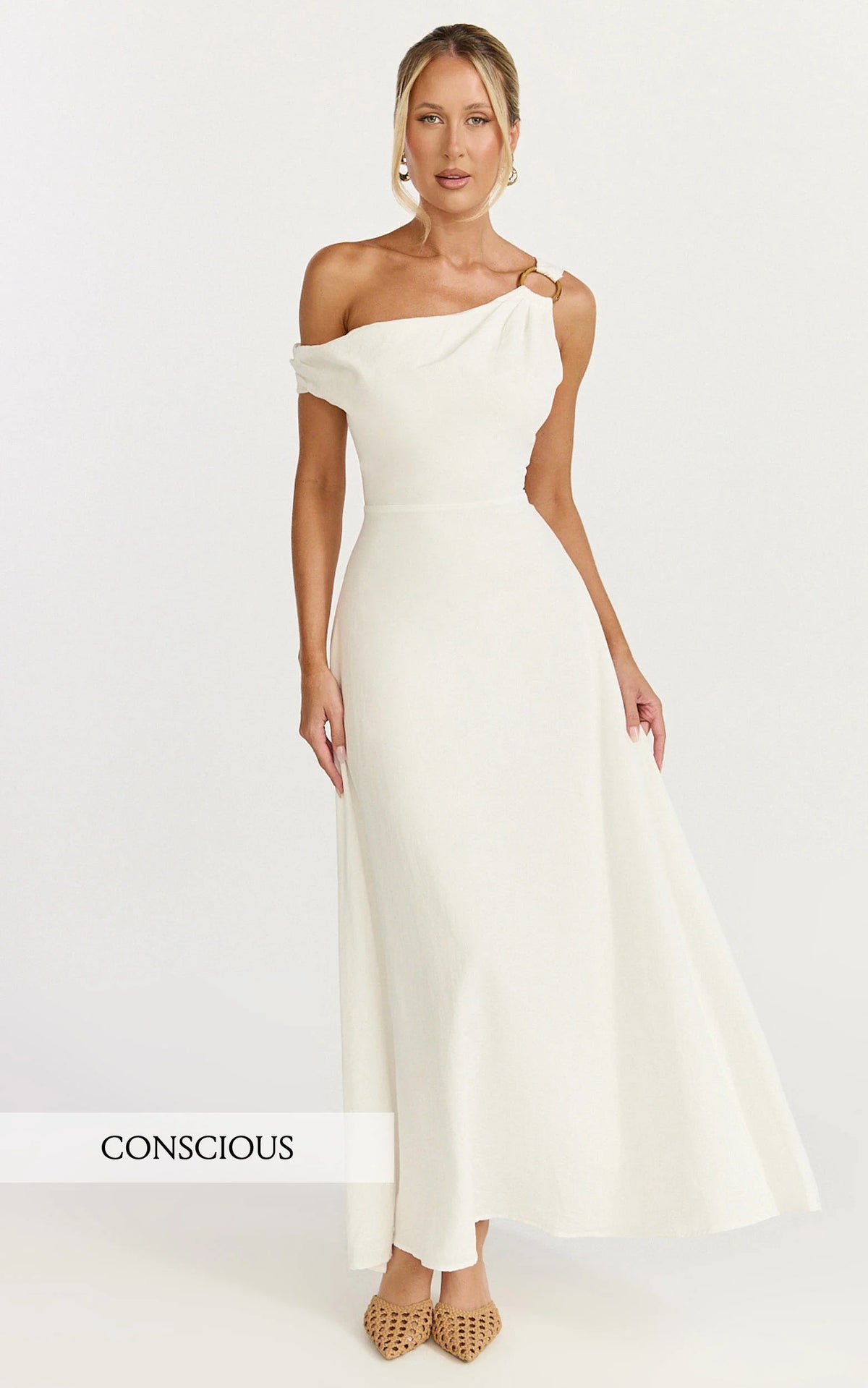 Off The Shoulder Hardware Detail A Line Dress in White